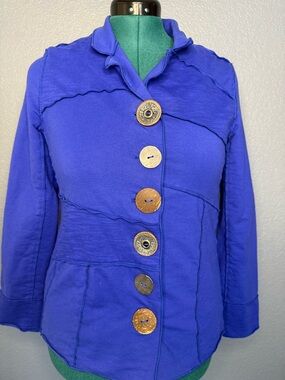 Neon Buddha Cobalt Blue Artsy Jacket Textured Button Front Cotton Women’s S